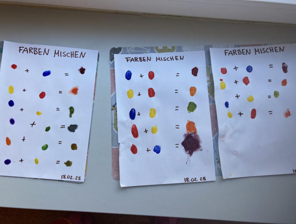 Fingerabdrücke von Kitakindern in verschiedenen Farben, die zeigen, welche Farbe beim Mischen von 2 Farben entstehen.