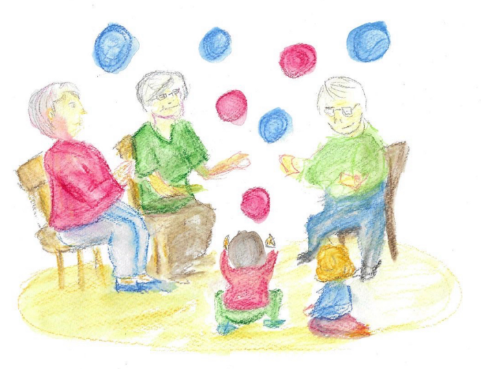 Gemaltes Bild von Senioren, die im Kreis sitzen und mit Kita-Kindern spielen.
